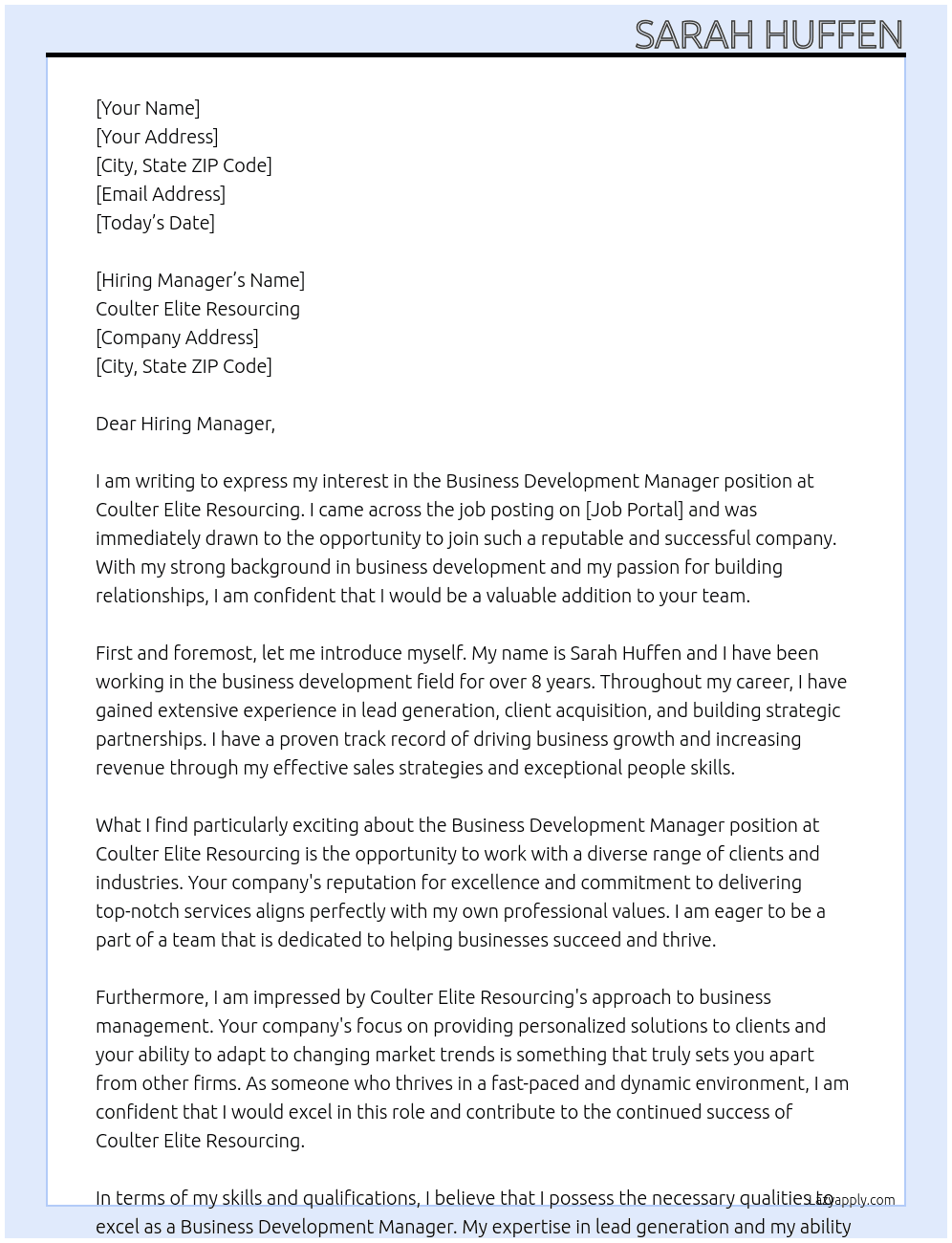 Business Development Manager At Coulter Elite Resourcing  Cover Letter