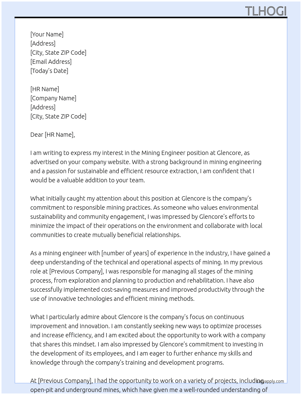 Mining Engineer At Glencore Cover Letter