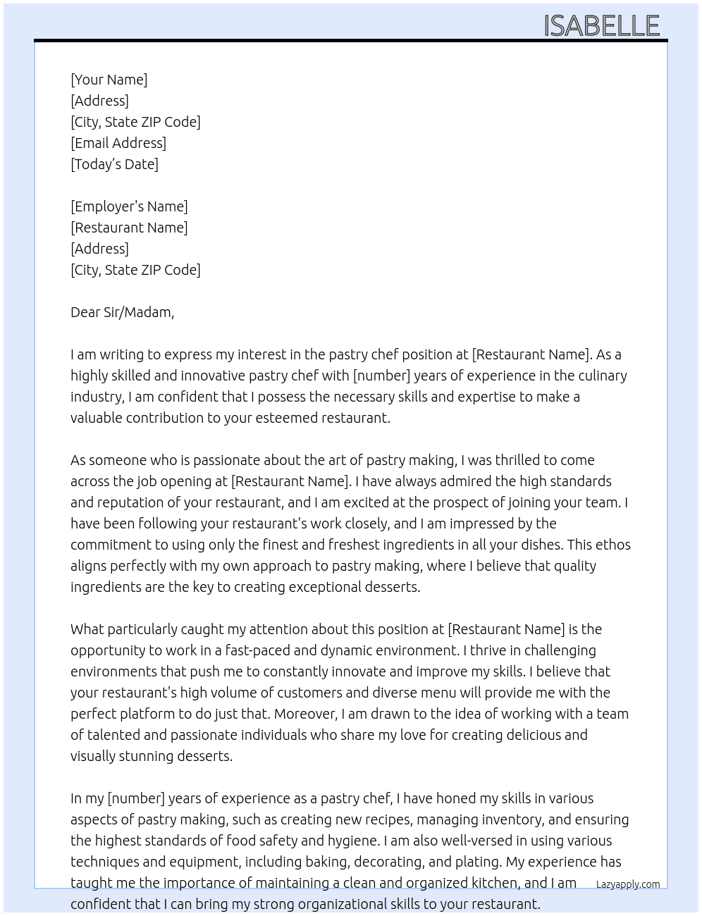 pastry chef  At restaurant  Cover Letter