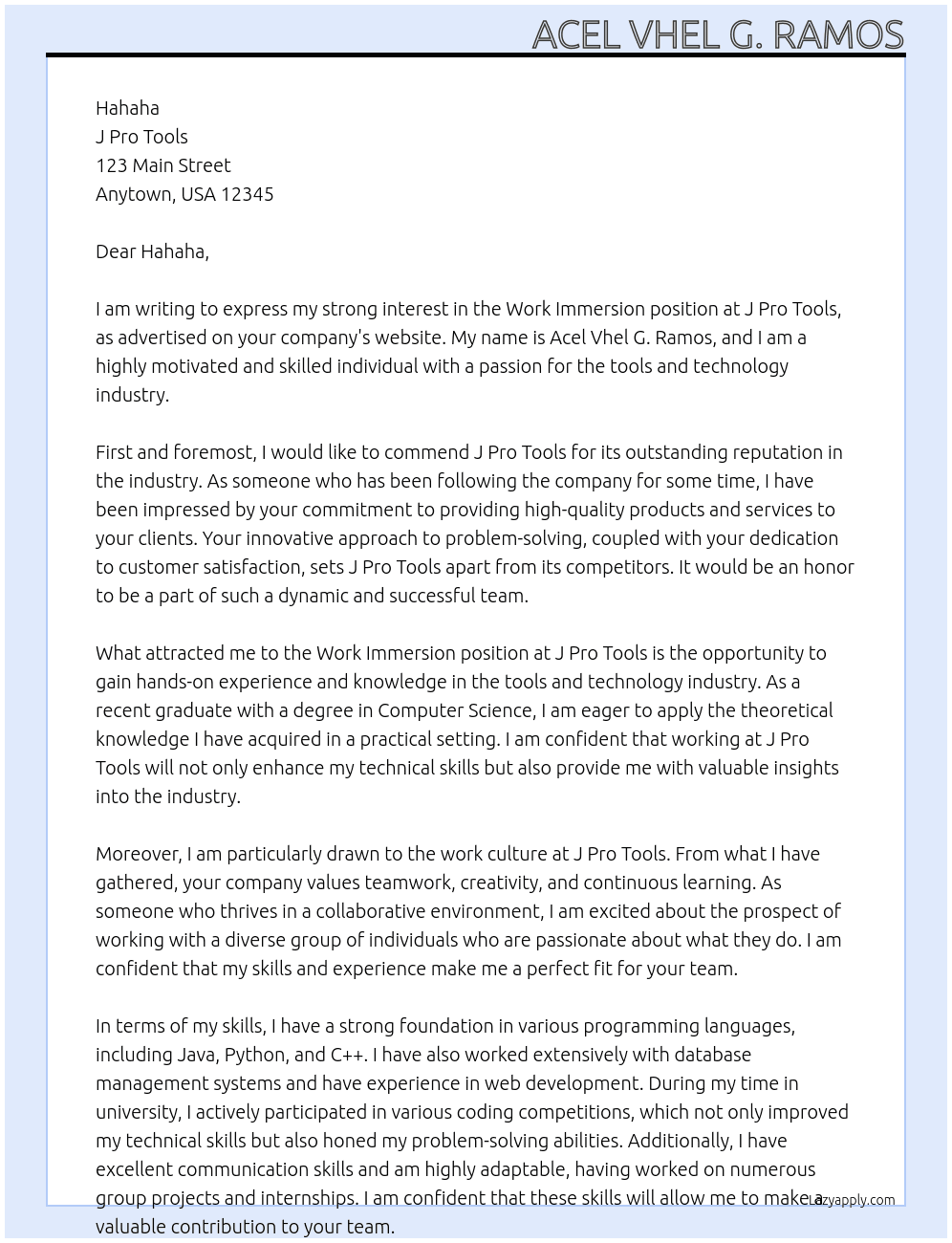 Work immersion At J Pro Tools Cover Letter