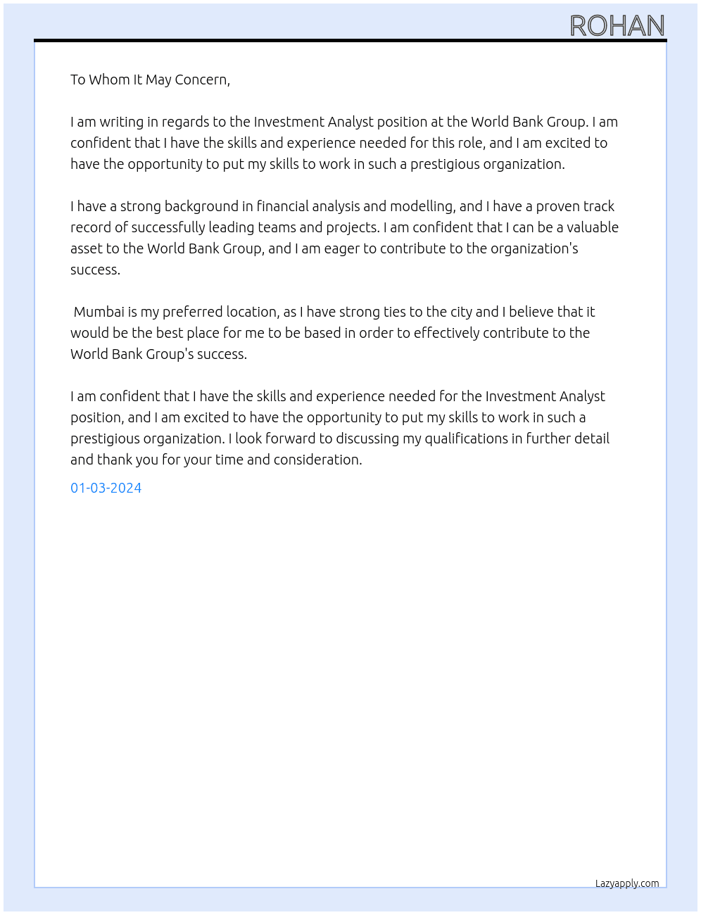 Investment Analyst At World Bank Grpup Cover Letter