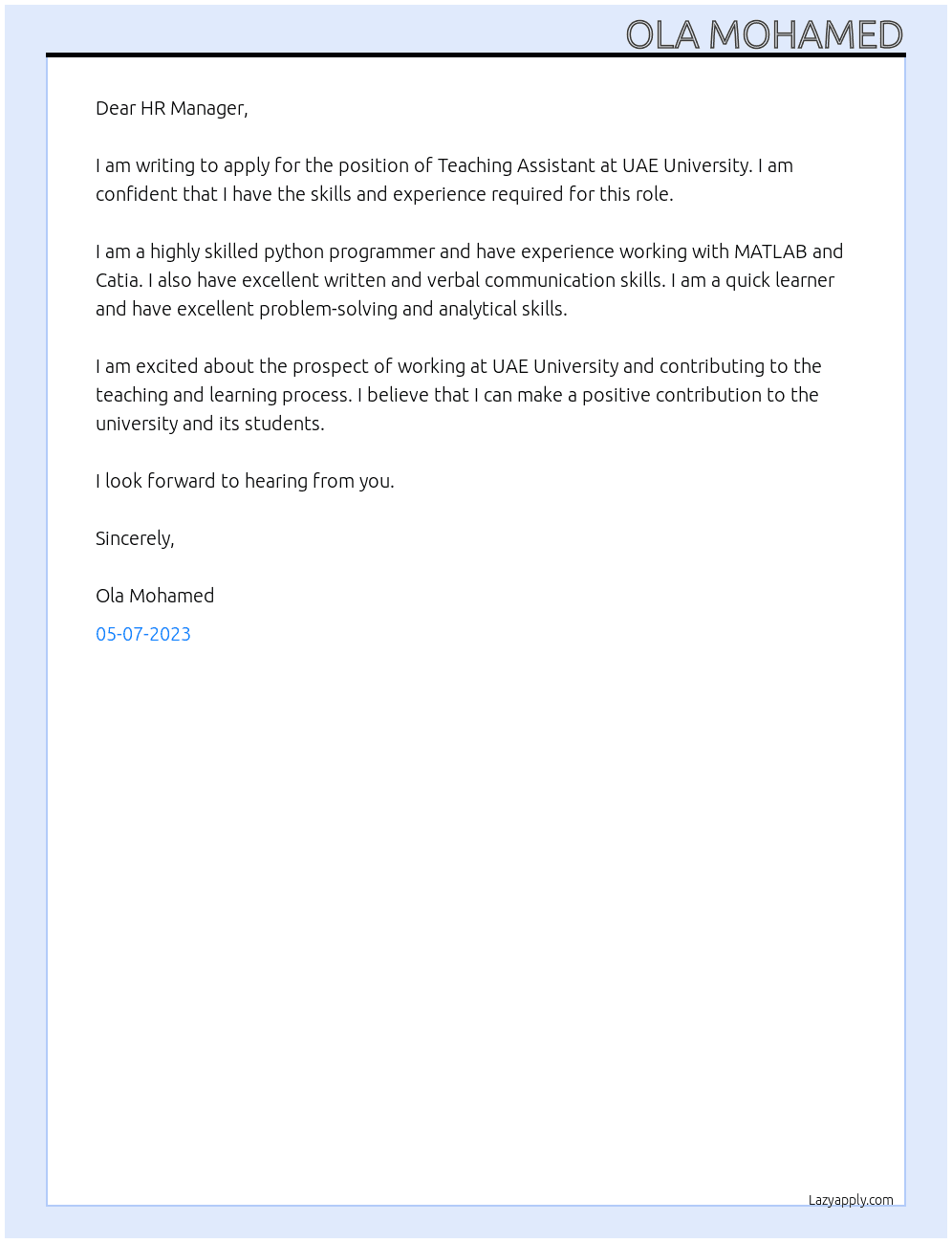 Teaching Assistance  At UAE University  Cover Letter