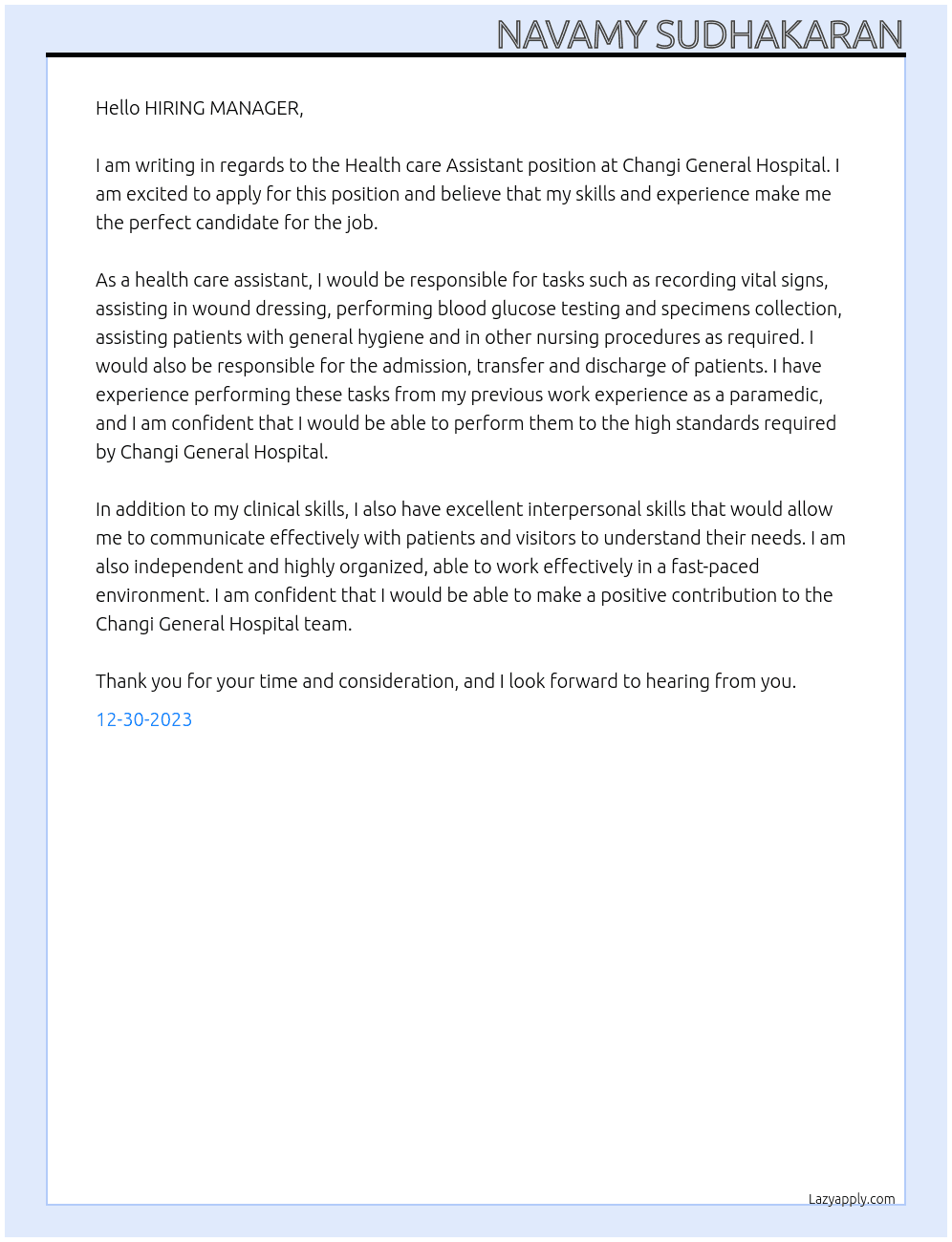 Health care Assistant At Changi General Hospital Cover Letter