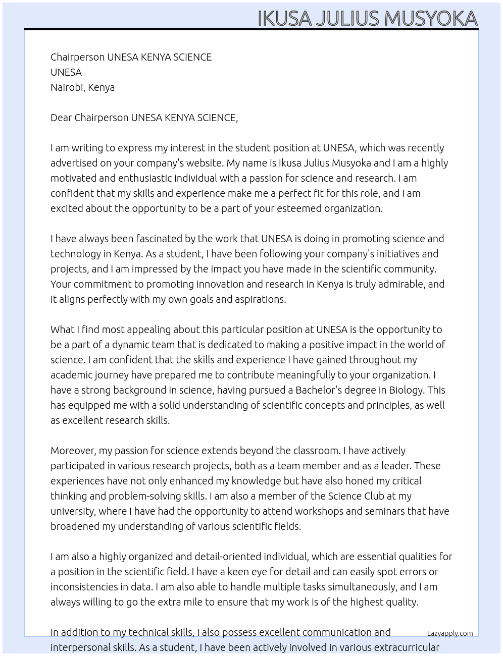student At UNESA  Cover Letter