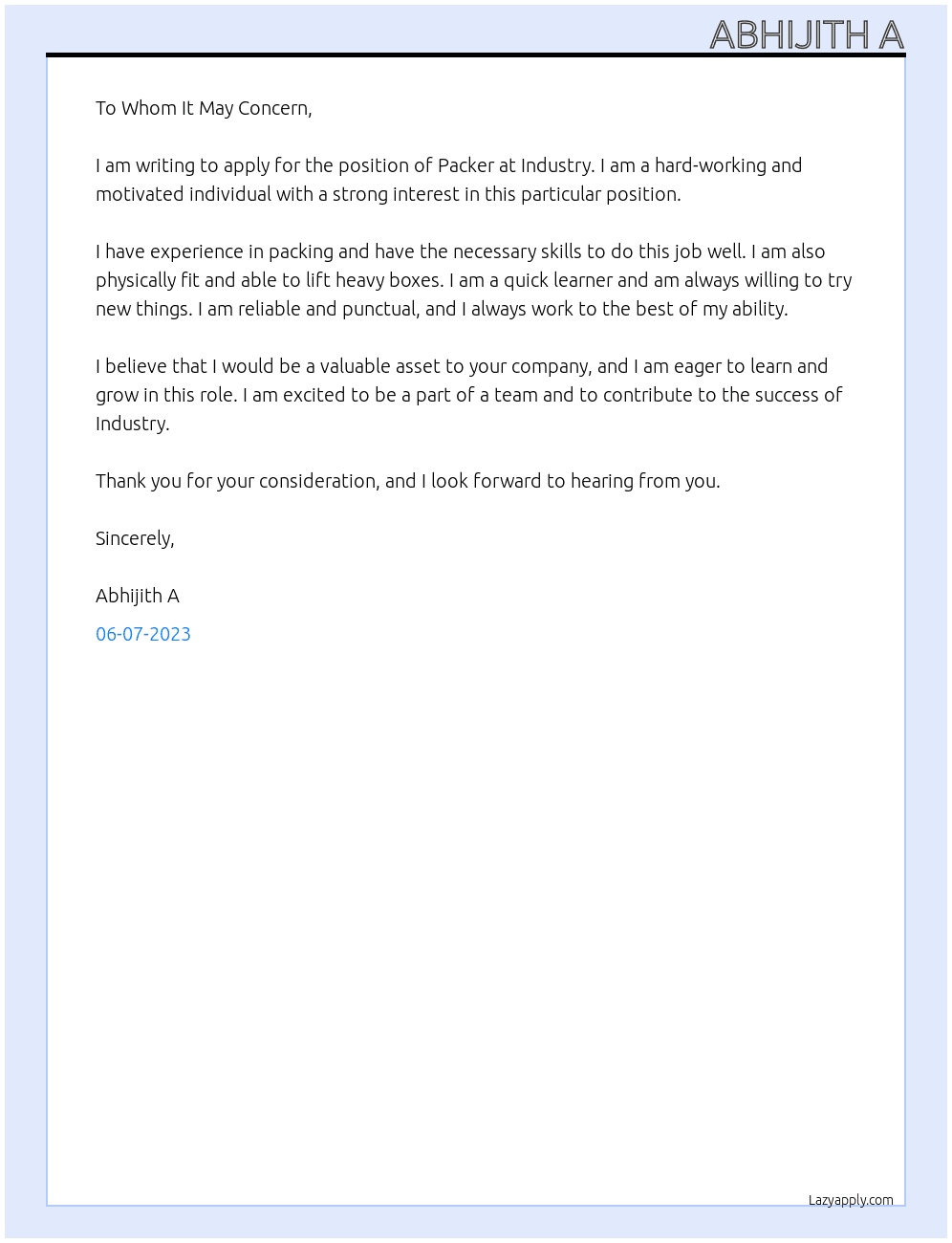 Packer At Industry Cover Letter