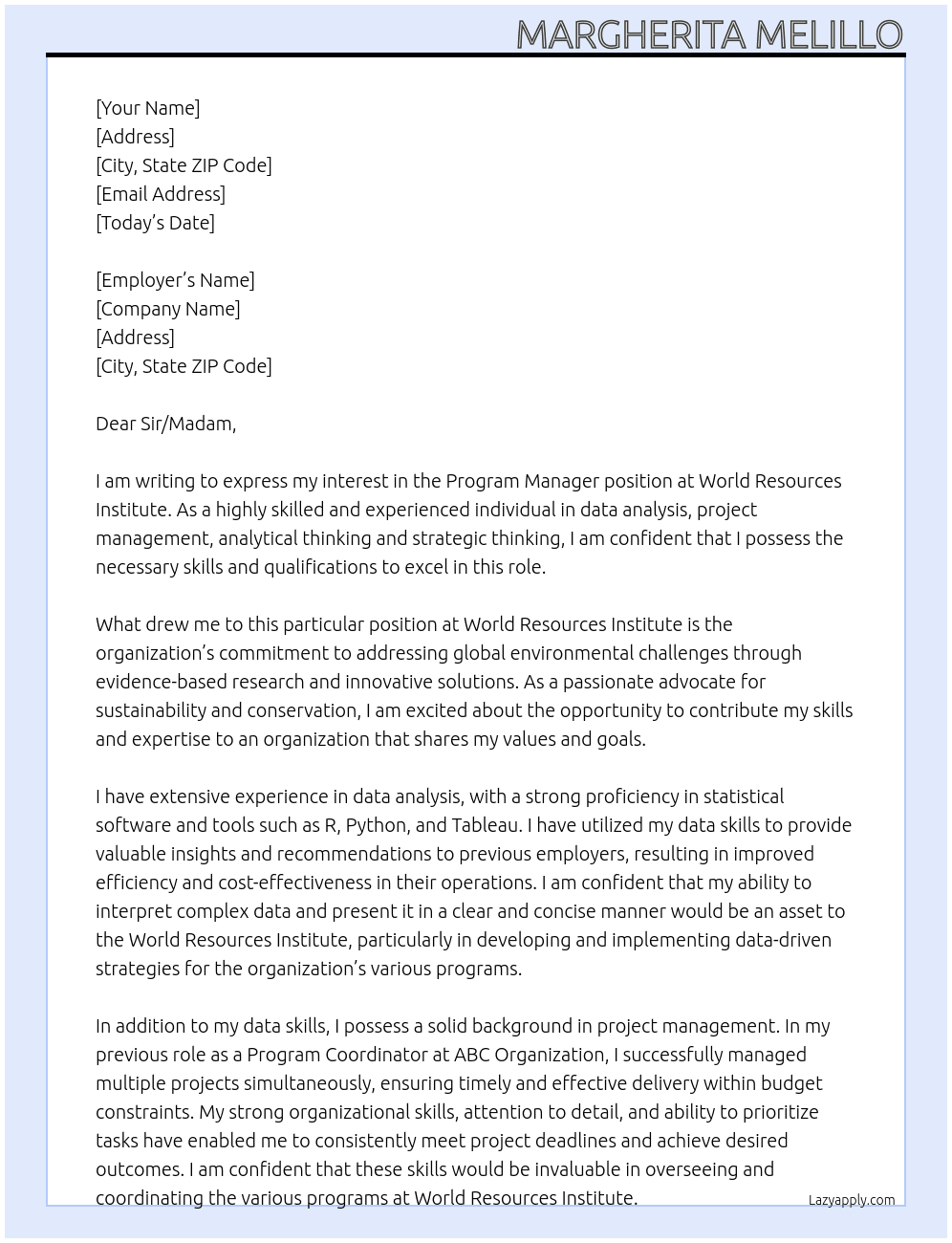Program Manager At World Resources Institute Cover Letter