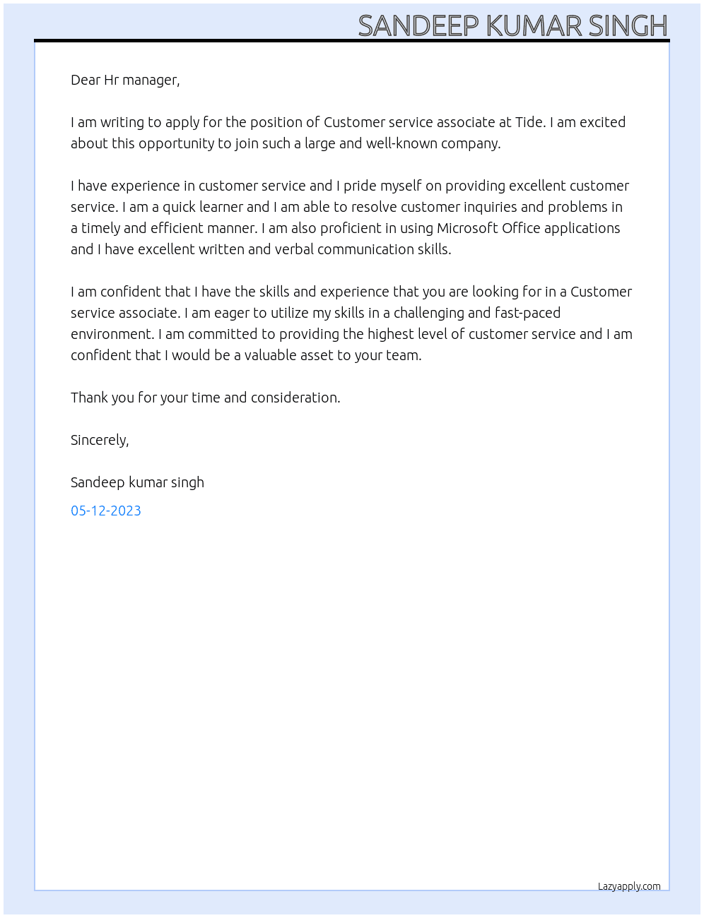 Customer service associate  At Tide Cover Letter