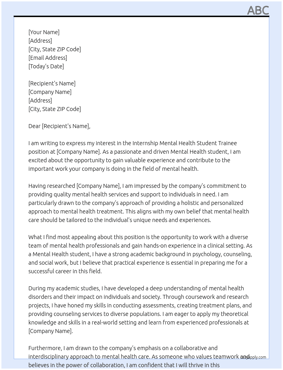 Internship Mental Health Student trainee At 123 Cover Letter