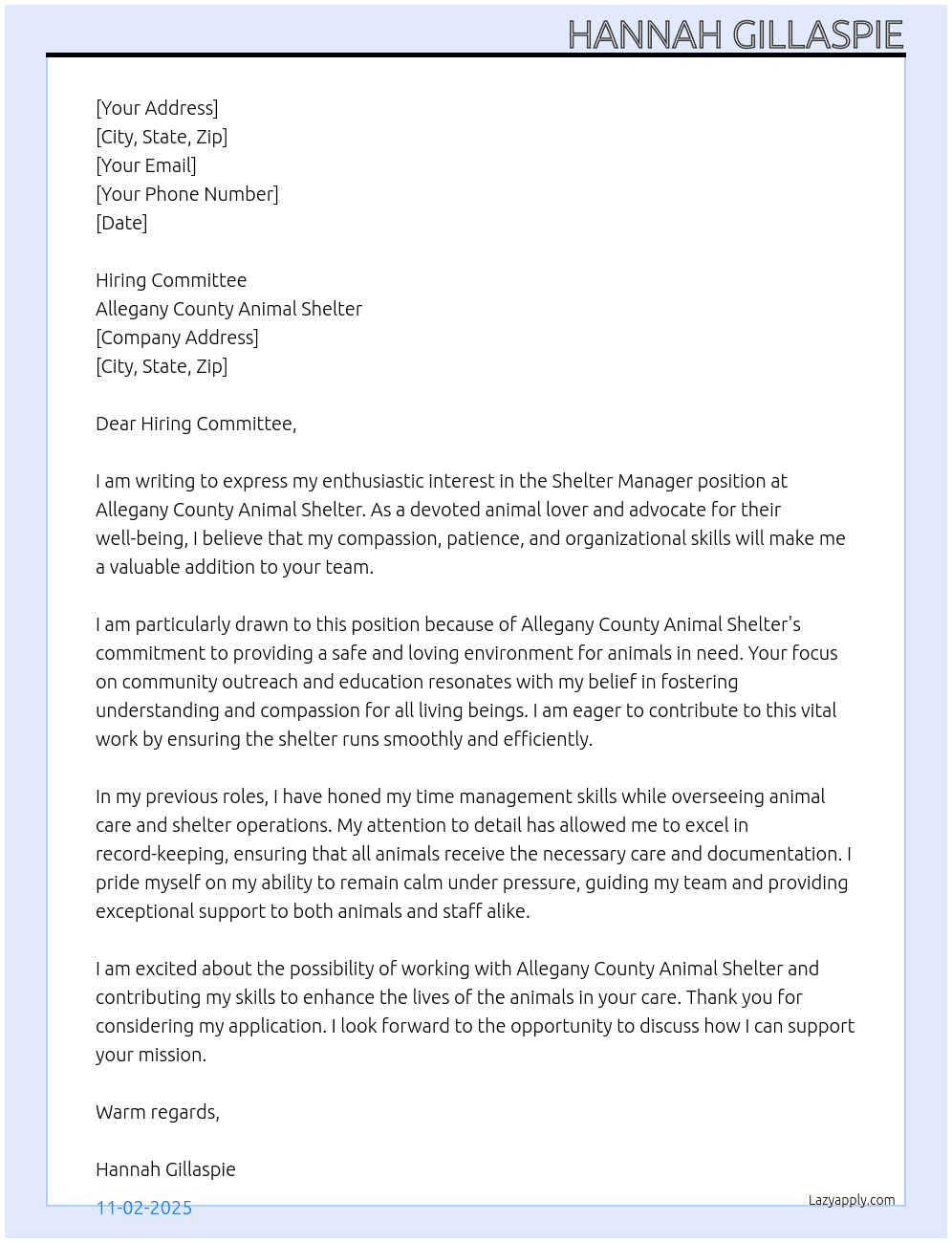 Cover letter for shelter manager - LazyApply