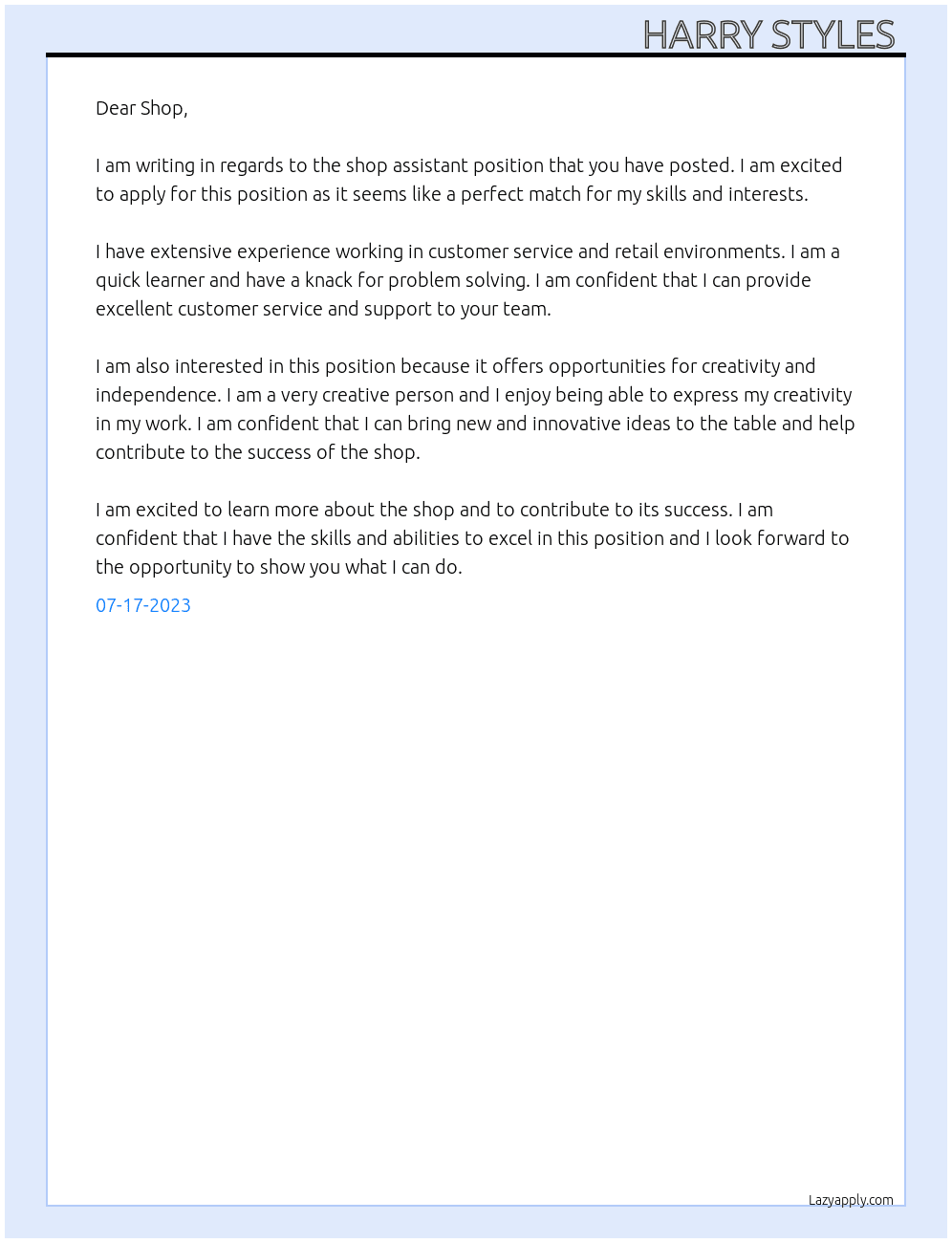  shop assistant At Shop Cover Letter