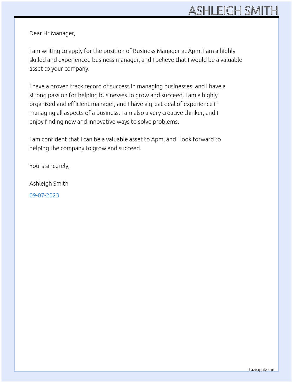 Business Manager At Apm Cover Letter