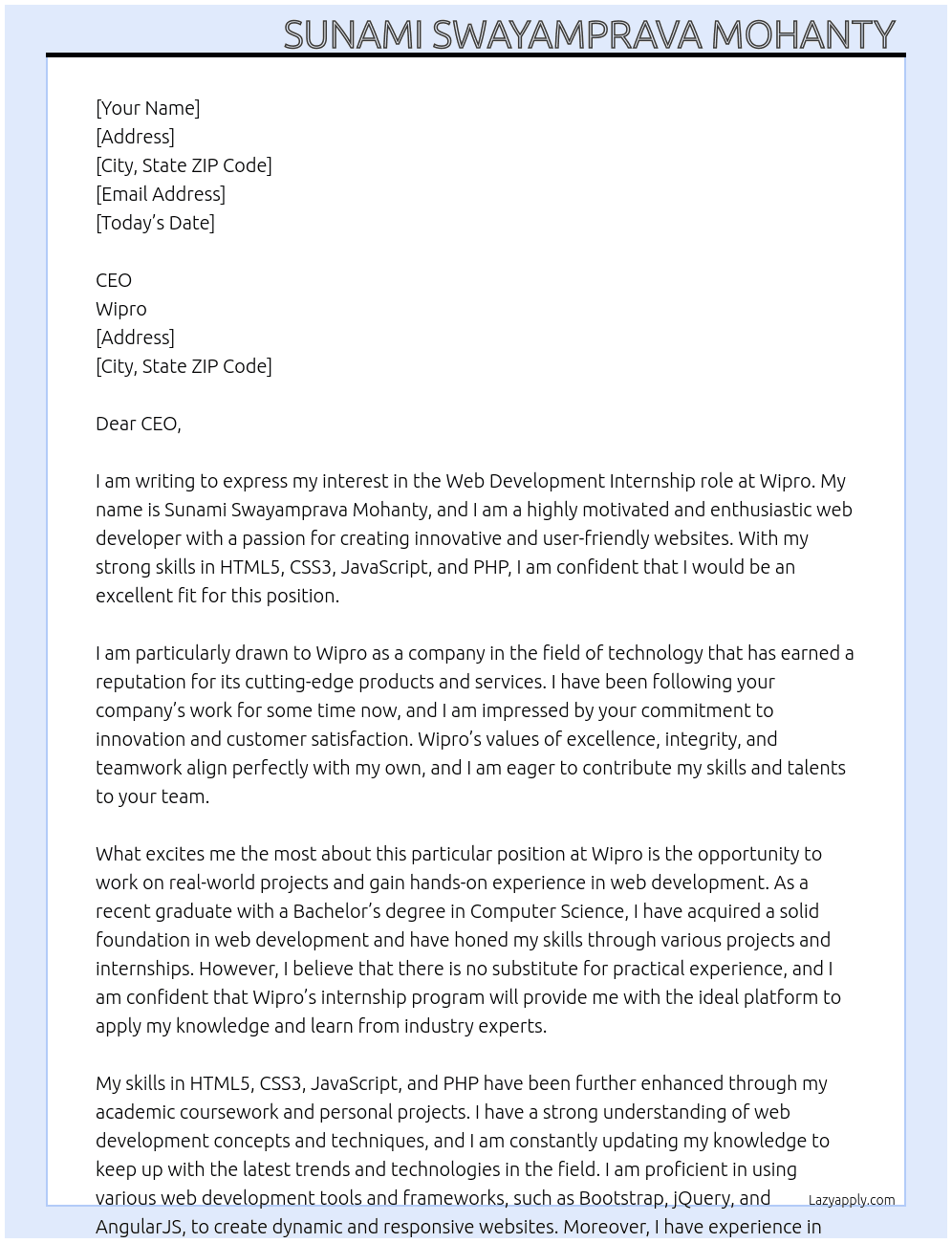 Web development  At Wipro Cover Letter