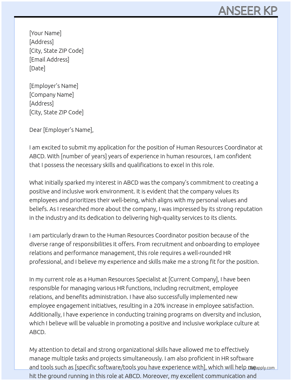 Human Resources Coordinator At ABCD Cover Letter