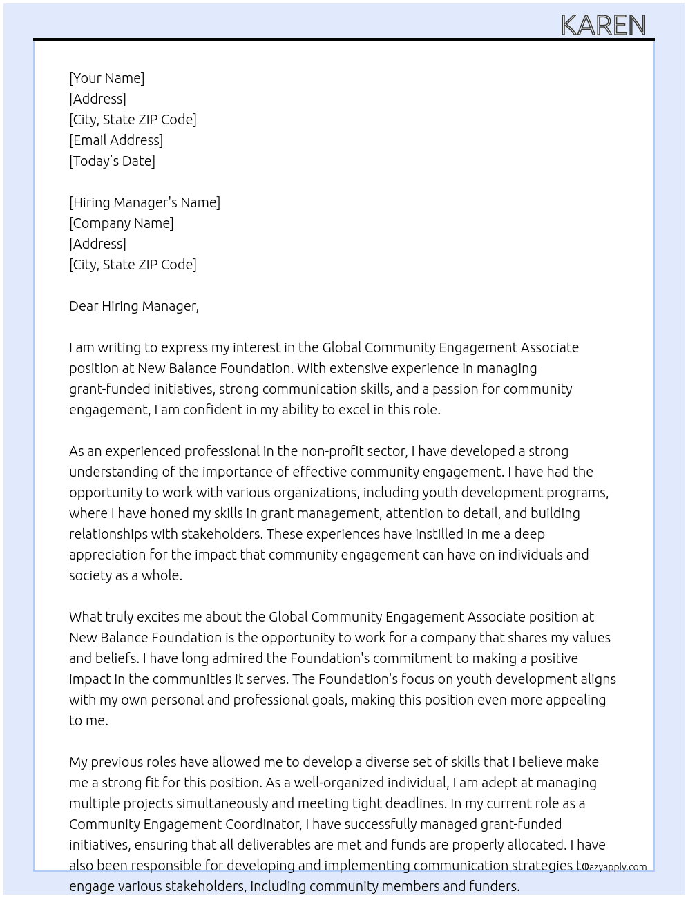 Global Community Engagement Associate At New Balance Foundation Cover Letter