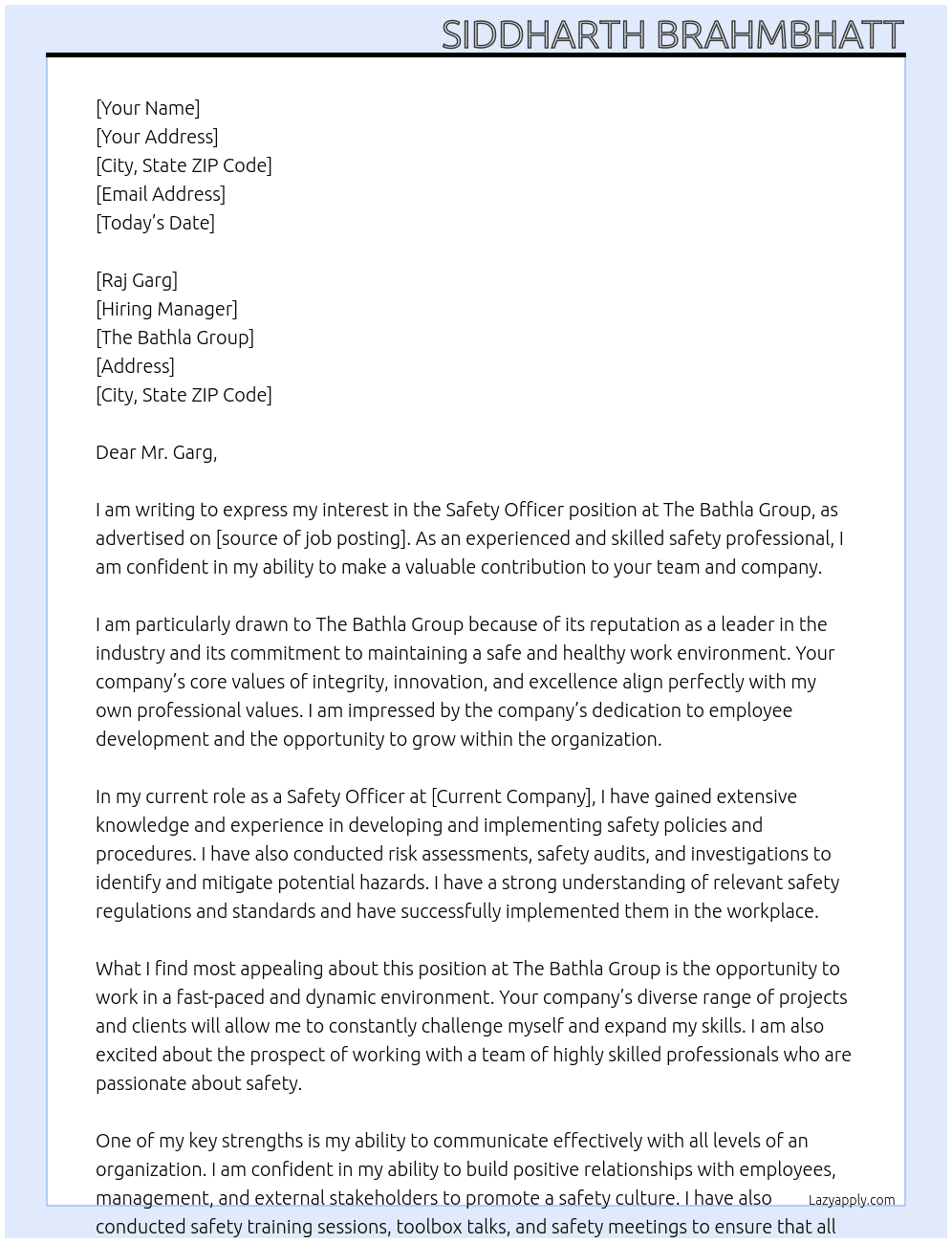 safety officer At The Bathla group Cover Letter