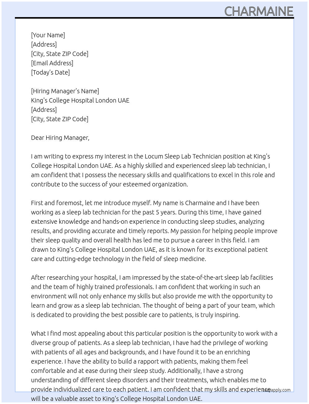 Locum sleep lab technician At King's college hospital London UAE Cover Letter