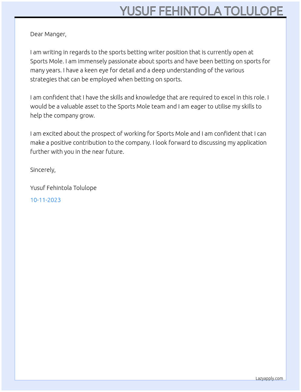 Sports Betting Writer At SPORTS MOLE Cover Letter