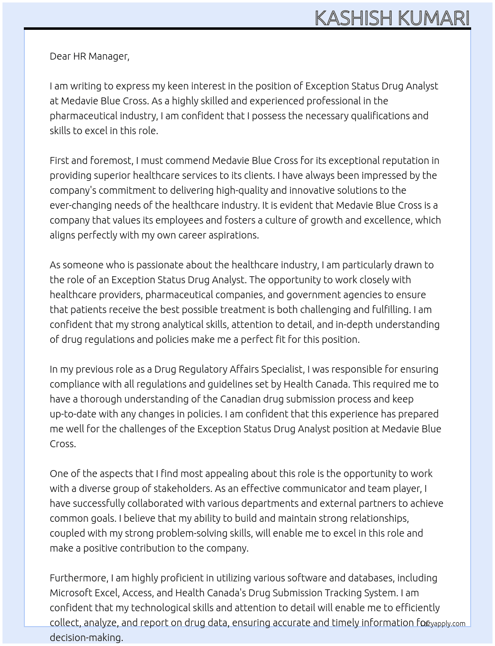Exception Status Drug Analyst At Medavie Blue Cross Cover Letter