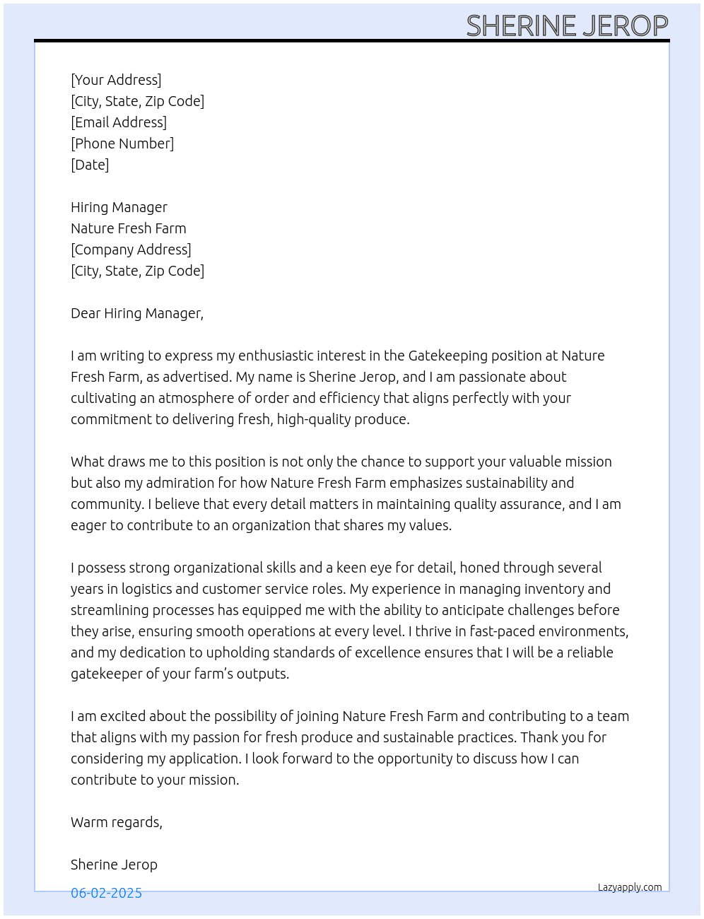 Cover letter for gatekeeping - LazyApply