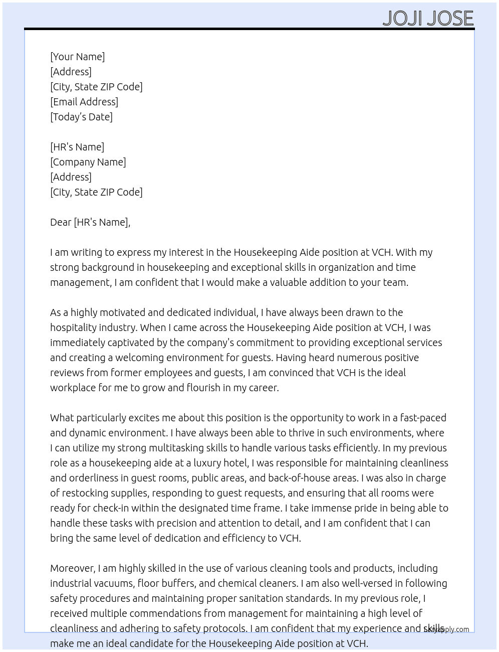 Housekeeping Aide At VCH Cover Letter
