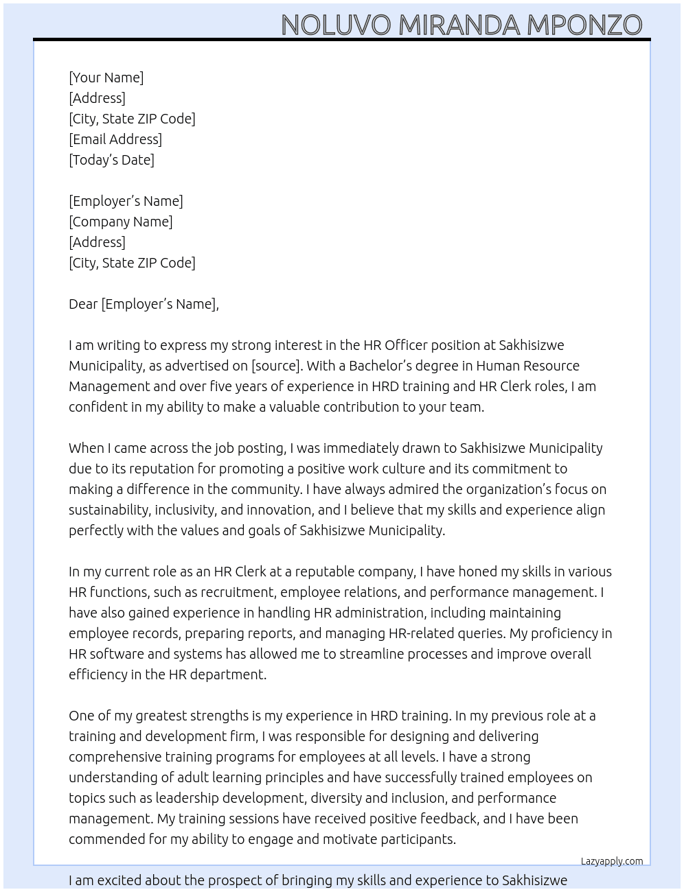 HR Officer  At HR Officer  Cover Letter