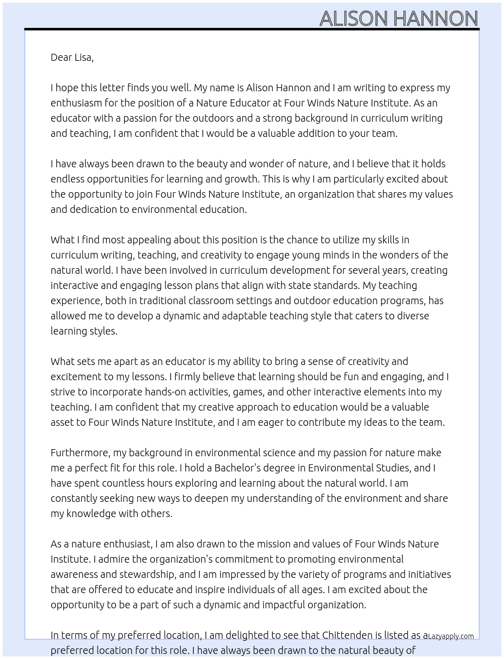 Nature Educator At Four Winds Nature Institute  Cover Letter