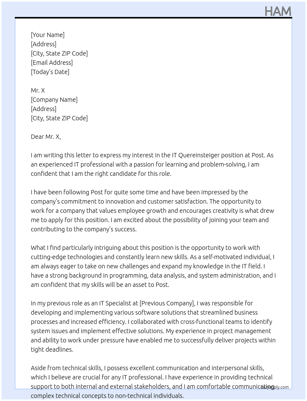 Cover letter for it quereinsteiger - LazyApply