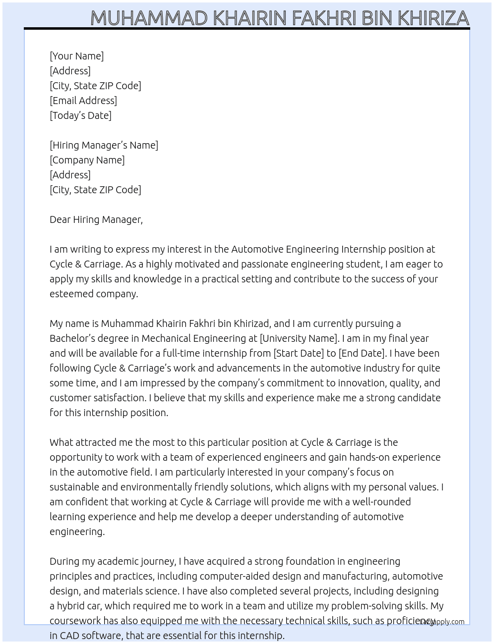 AUTOMOTIVE ENGINEERING INTERNSHIP At CYCLE & CARRIAGE Cover Letter