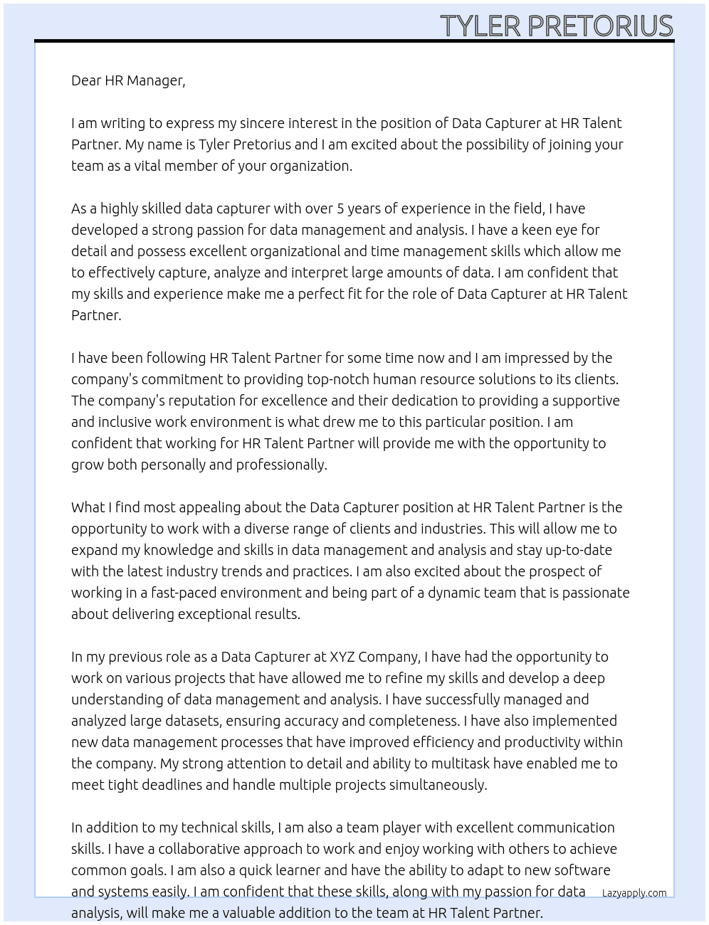 Data Capturer At HR Talent Partner Cover Letter