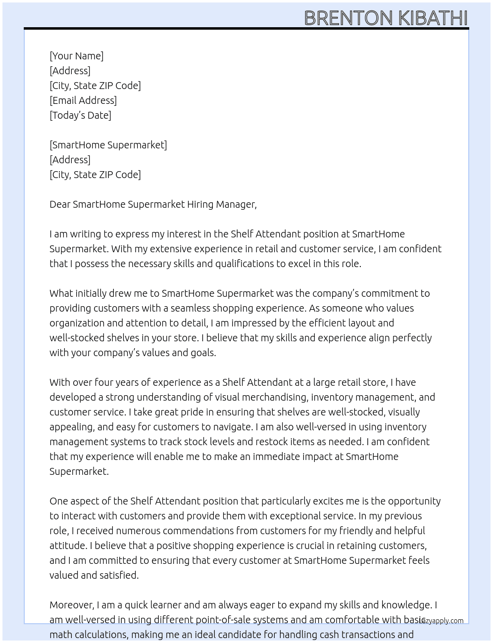 SHELF ATTEDANT At BRENTON KIBATHI Cover Letter