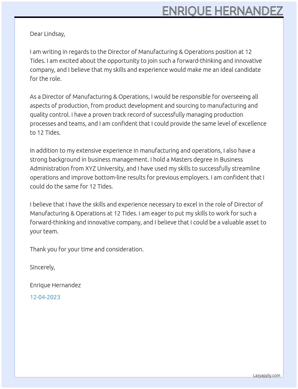 Director of Manufacturing & Operations At 12 Tides Cover Letter