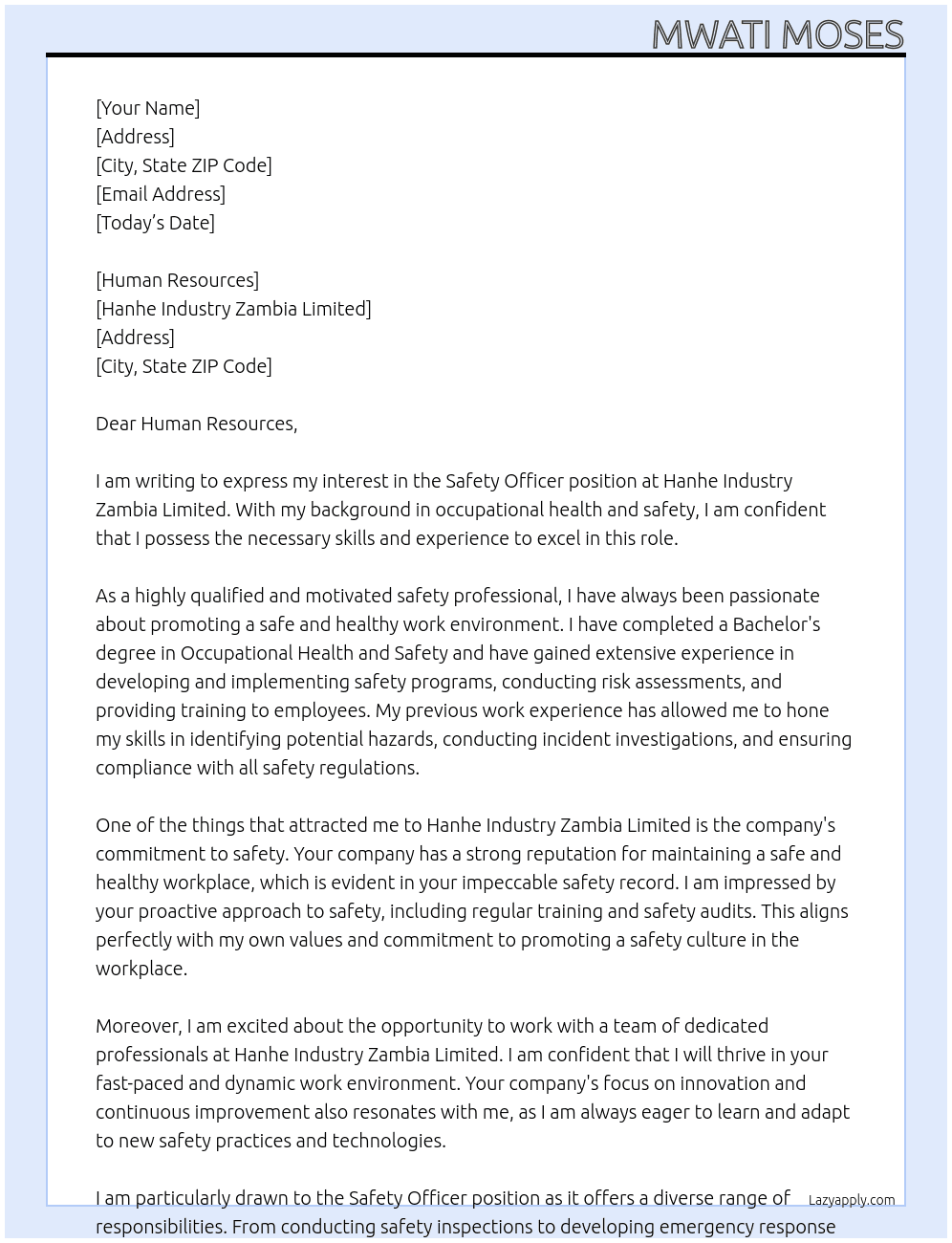 Safety officer  At Hanhe industry Zambia limited  Cover Letter