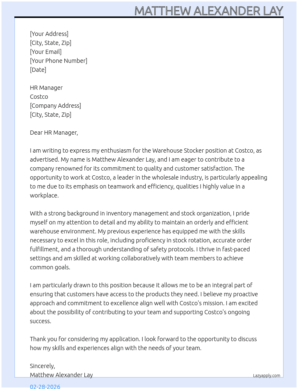 Warehouse Stocker At Costco  Cover Letter