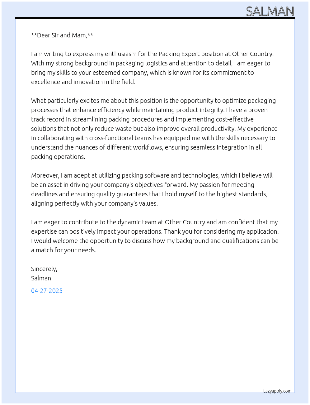 Packing Expert At Other country Cover Letter
