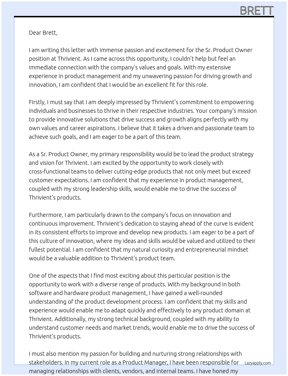 Sr. Product Owner At Thrivient Cover Letter