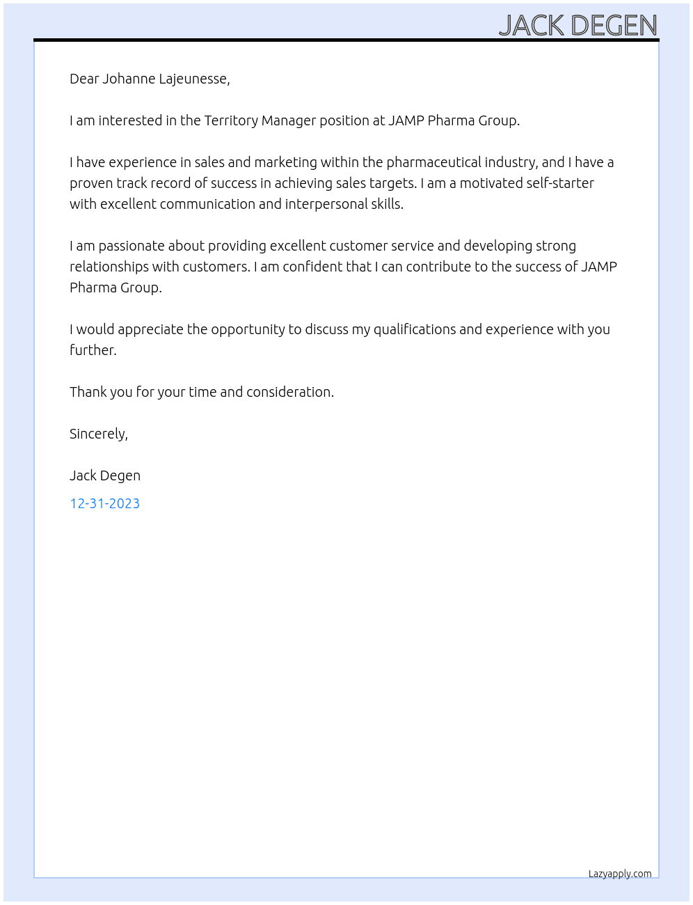 Territory Manager At JAMP Pharma Group Cover Letter