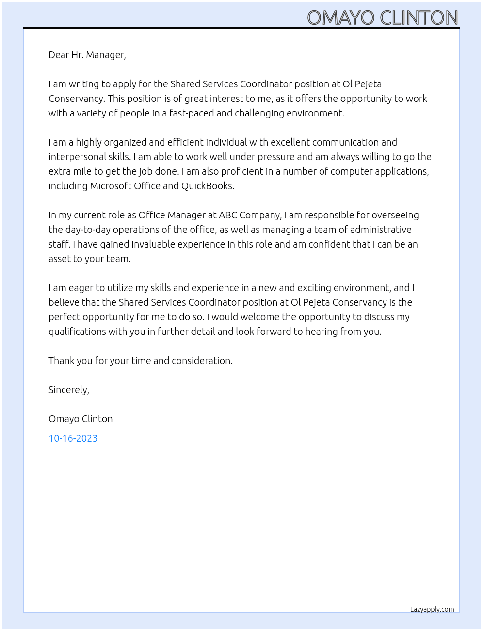 Shared Services Coordinator At Ol Pejeta Conservancy Cover Letter