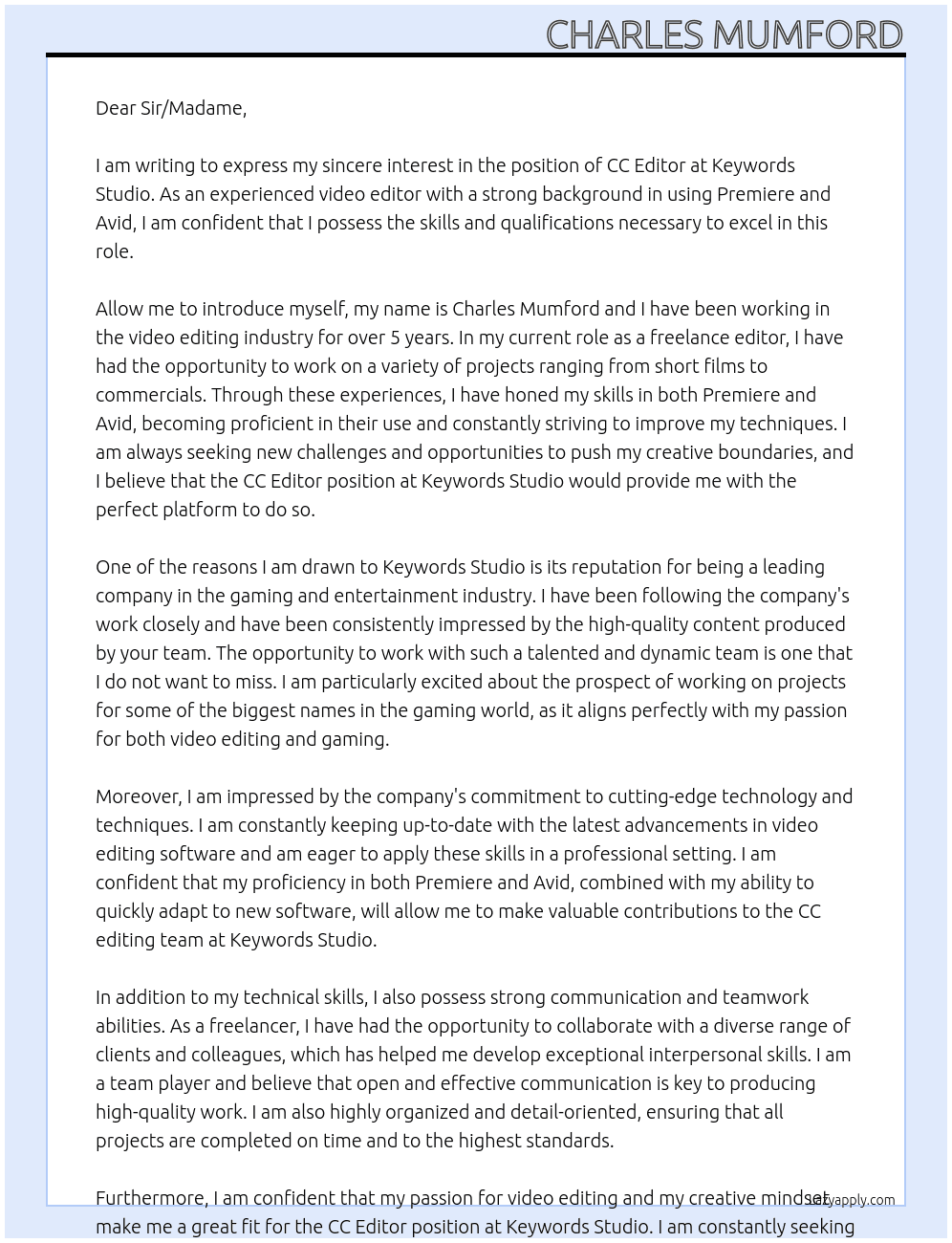 CC editor At Keywords Studio Cover Letter