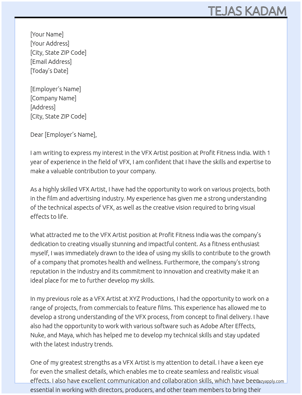 VFX ARTIST At Profit Fitness India  Cover Letter
