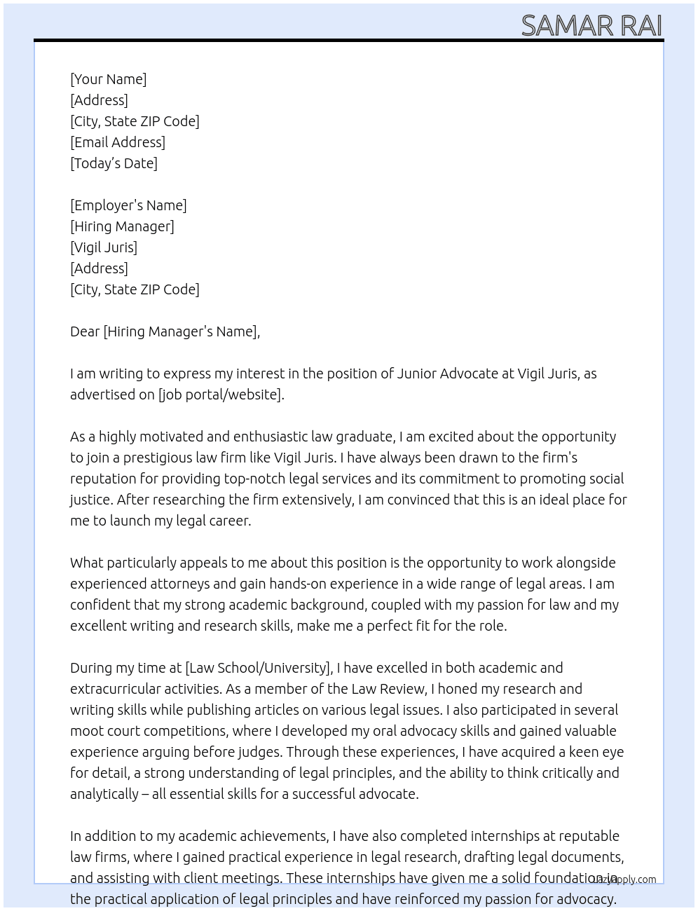 Junior Advocate At Vigil Juris Cover Letter