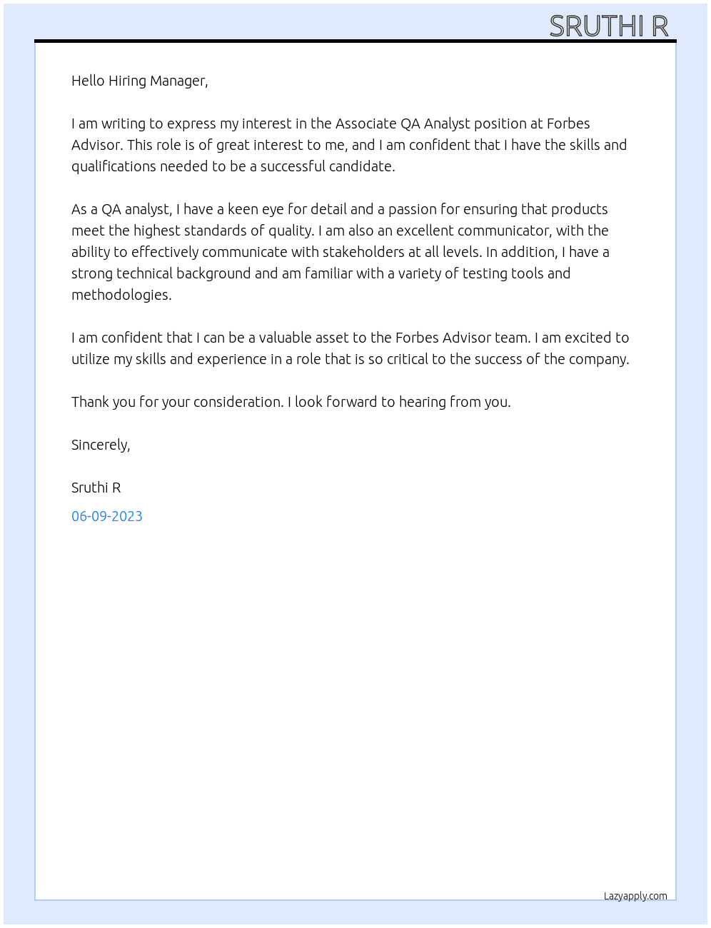 Associate QA analyst  At Forbes advisor  Cover Letter