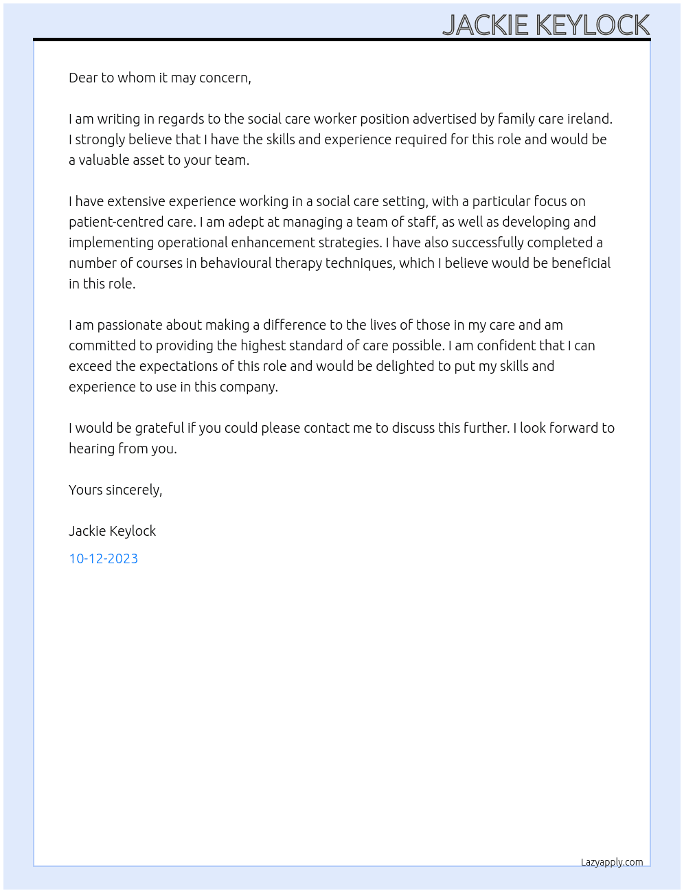 socail care worker  At family care ireland  Cover Letter