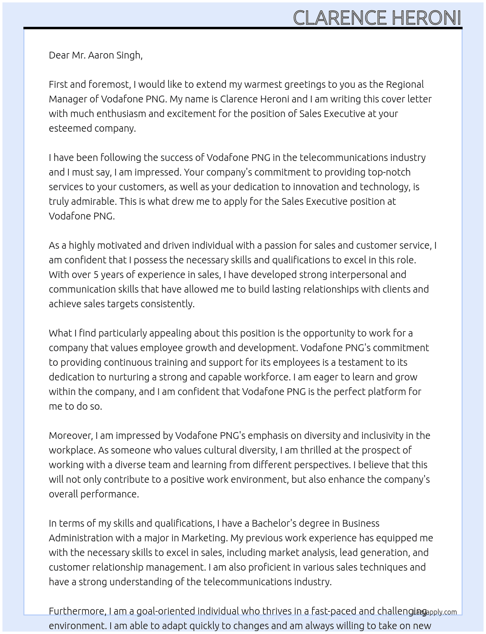 Sales Executive  At Vodafone PNG  Cover Letter
