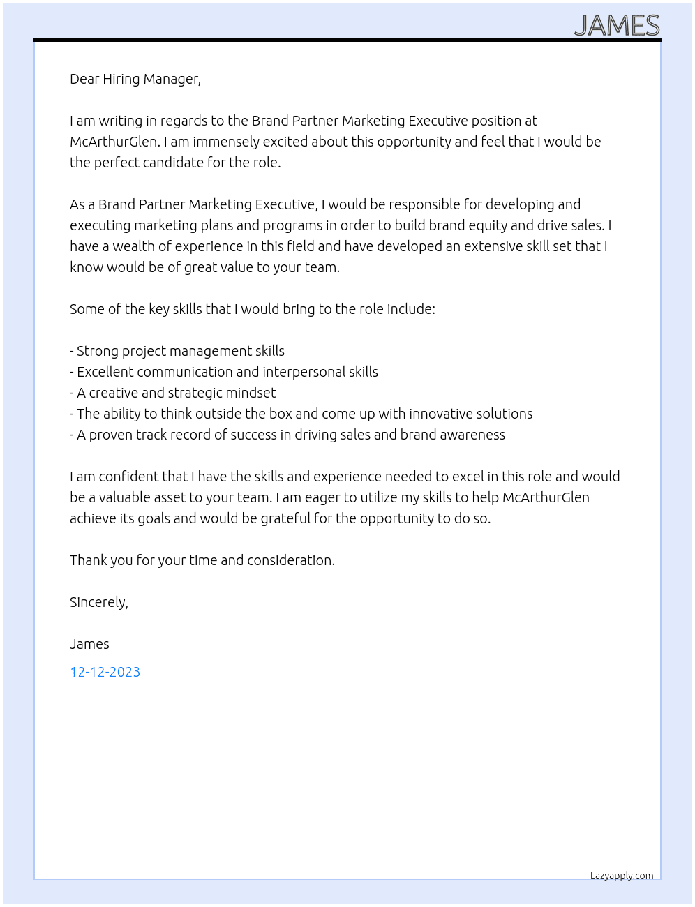 Brand Partner Marketing Executive At McArhurGlen Cover Letter