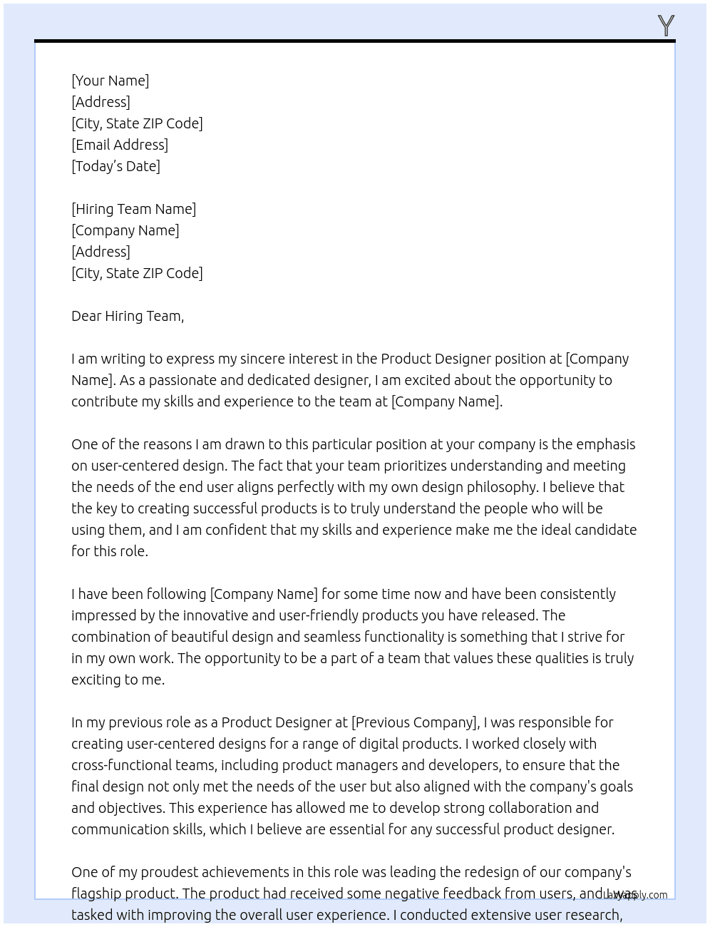 Product designer At Me Cover Letter