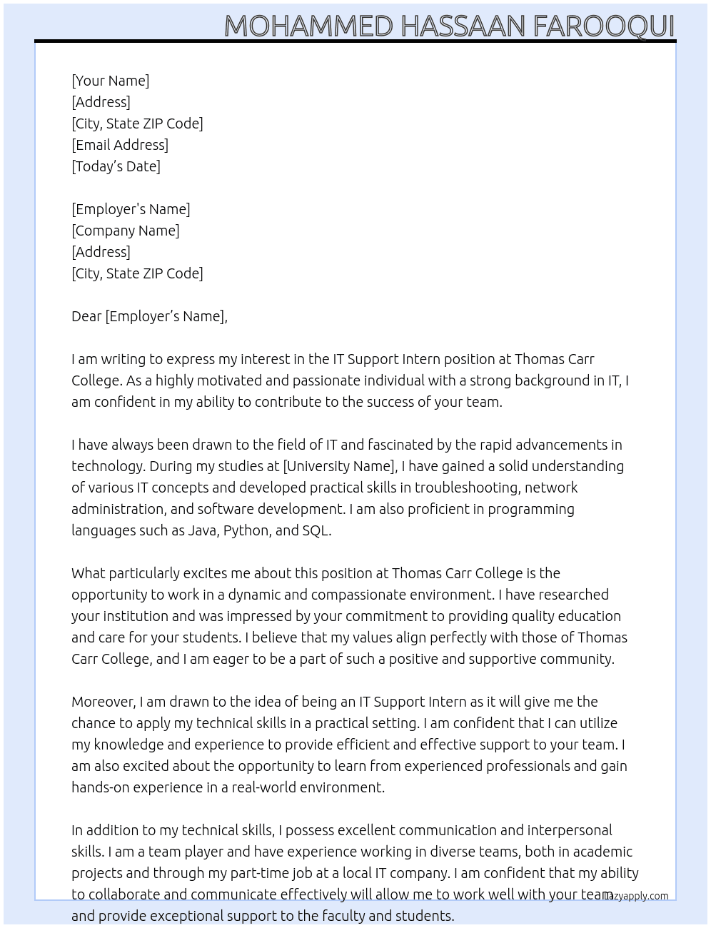 IT Support Intern At Thomas Carr College Cover Letter