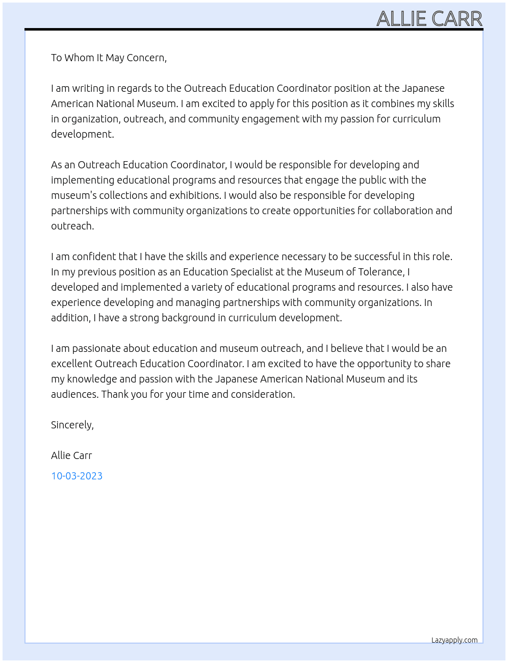 Outreach Education Coordinator At Japanese American National Museum Cover Letter