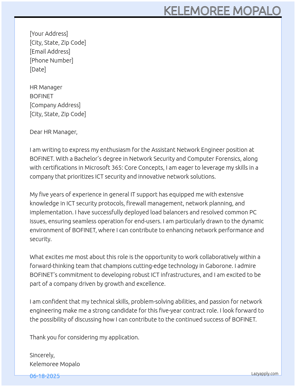 Cover letter for assistant network engineer - LazyApply