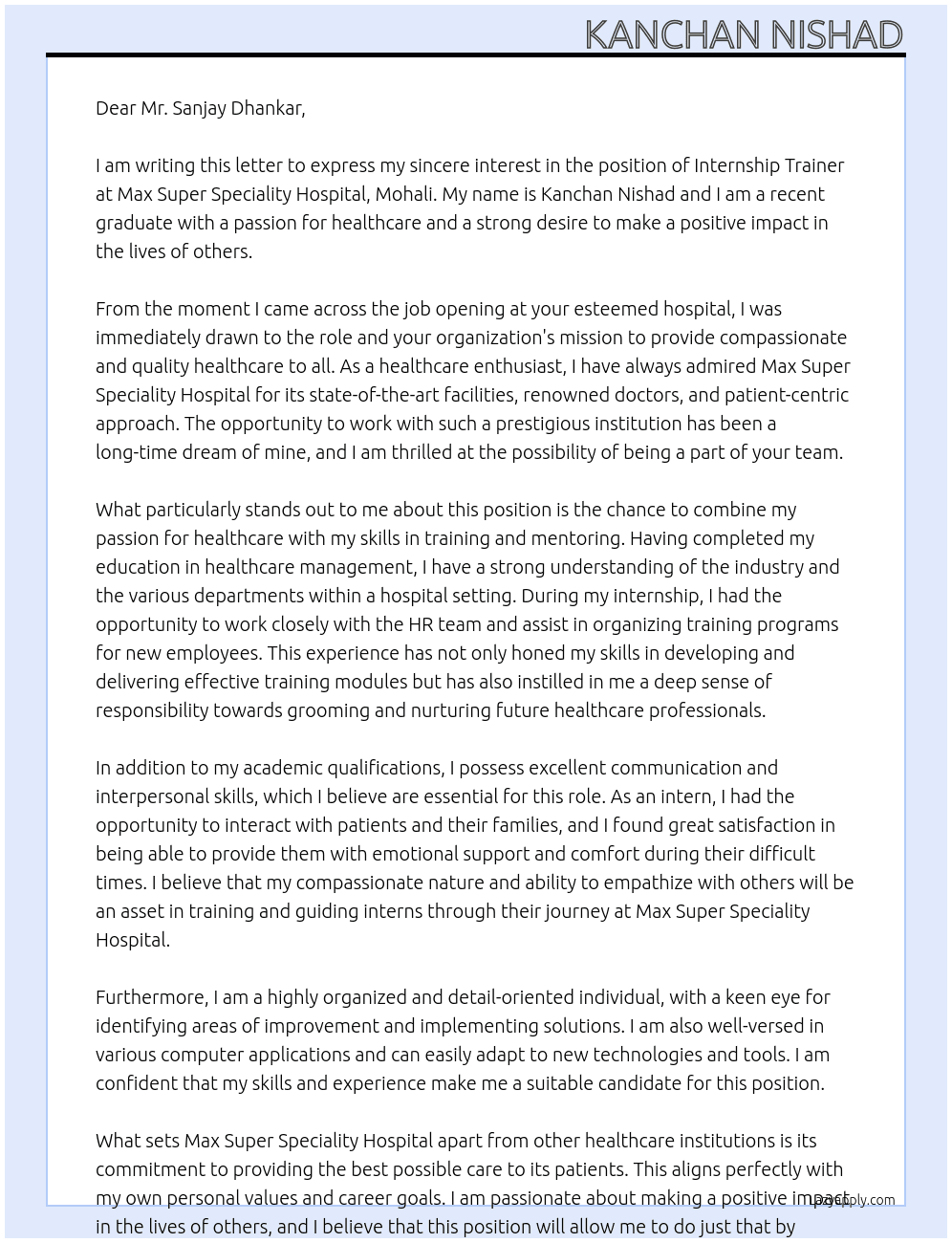 internship trainer At max  super speciality hospital,mohali Cover Letter