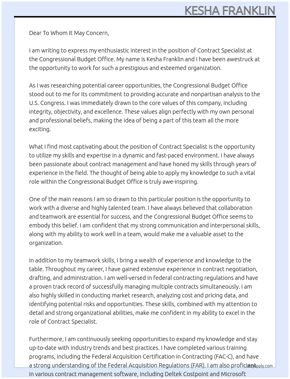 contract specialist  At Congressional Budget OFFICE  Cover Letter